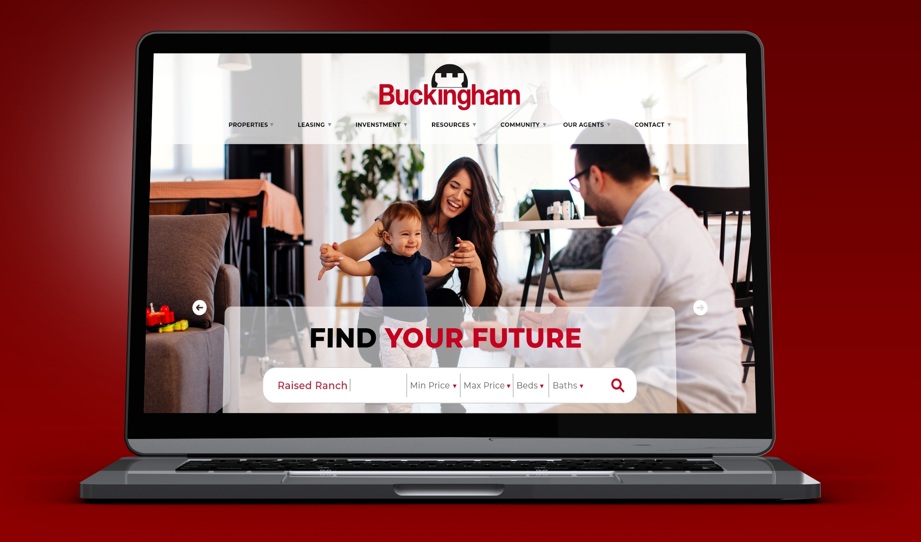 Buckingham Realty website shown on a laptop screen