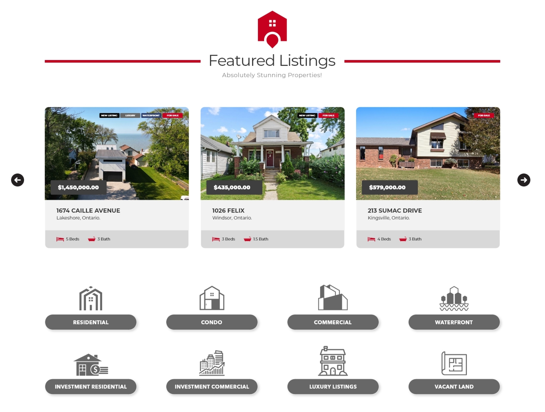 Buckingham Realty website homepage - Featured Listings