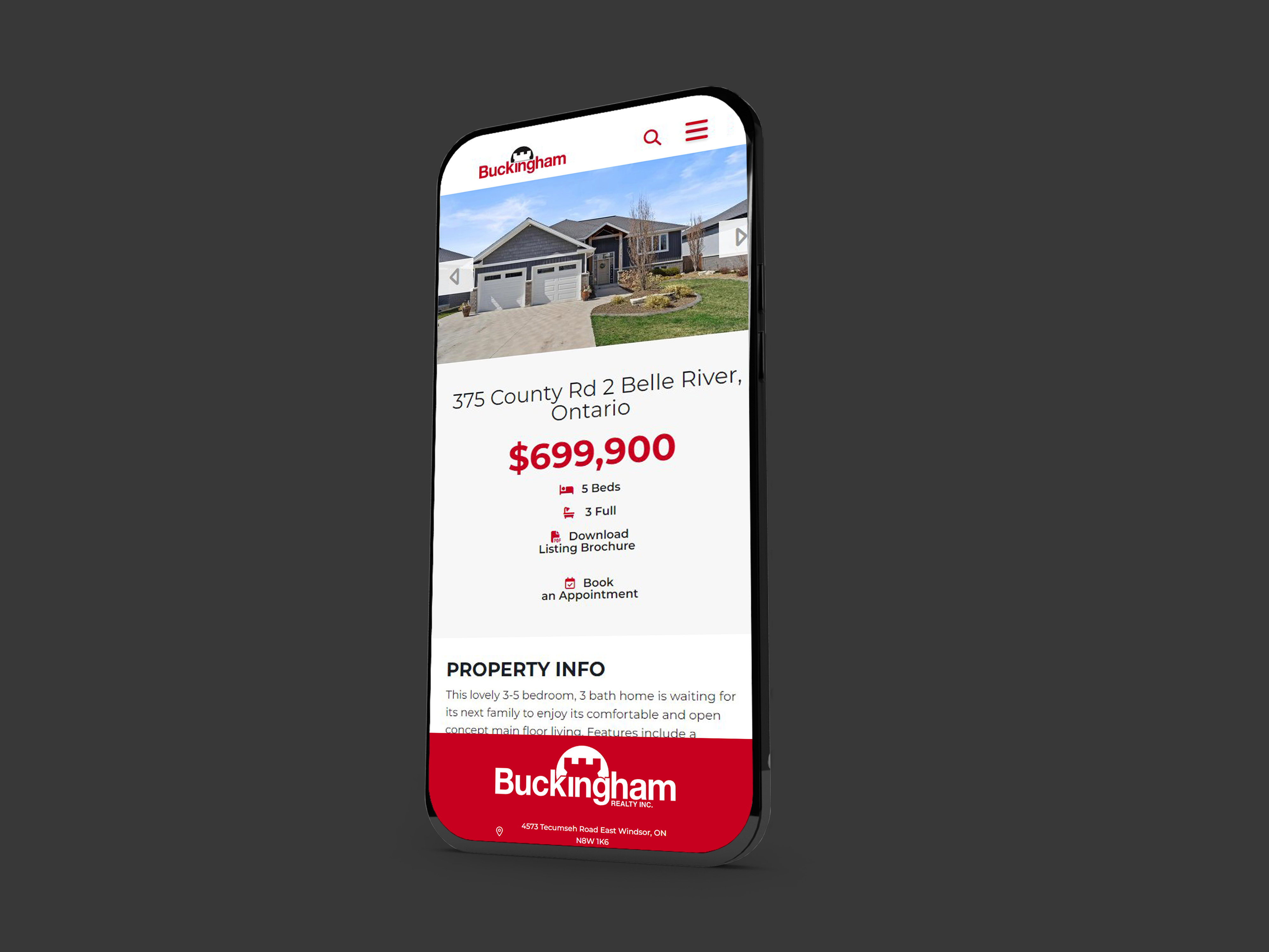 Buckingham Realty website displayed on a phone screen