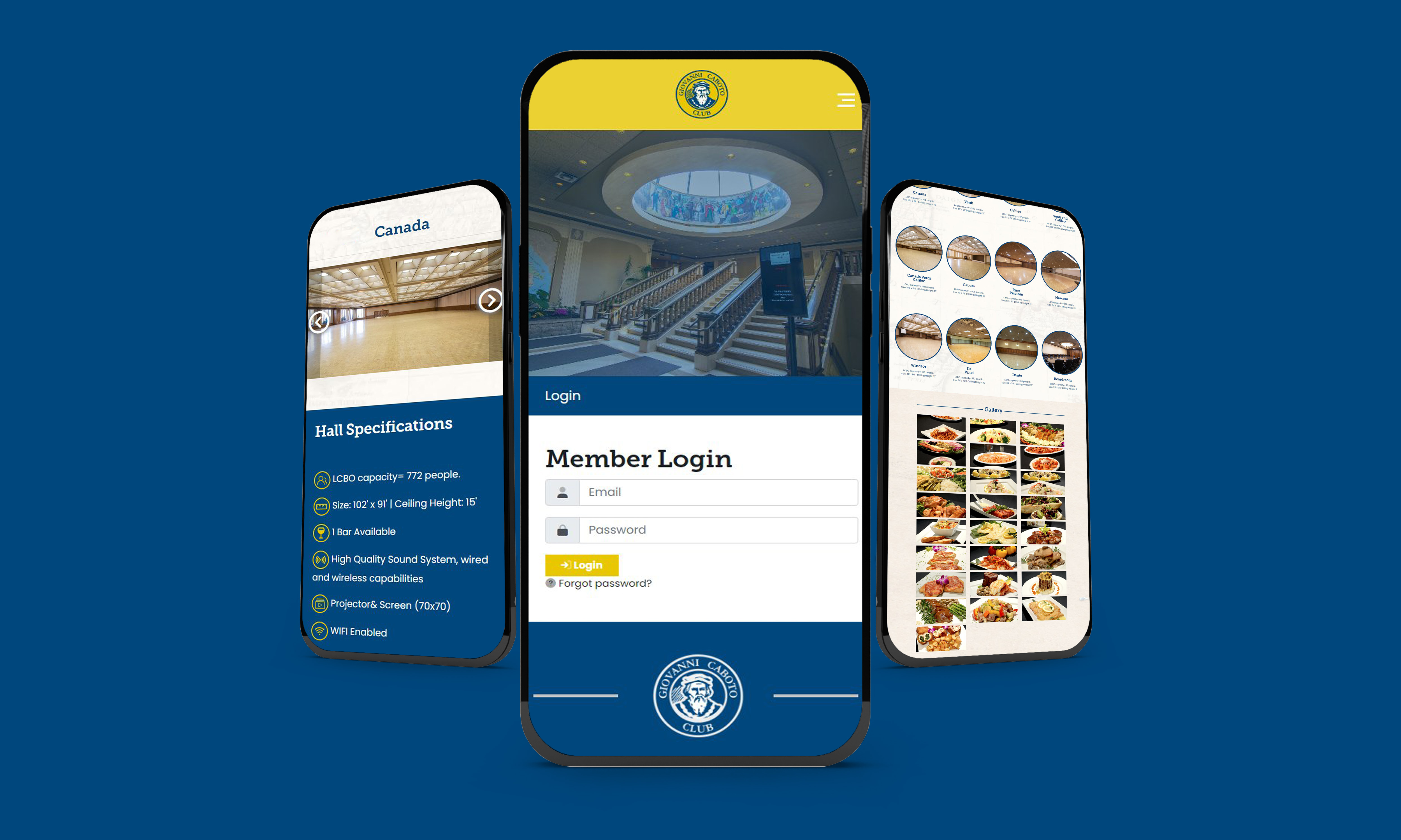 Caboto Club website - Member login system and other pages on mobile