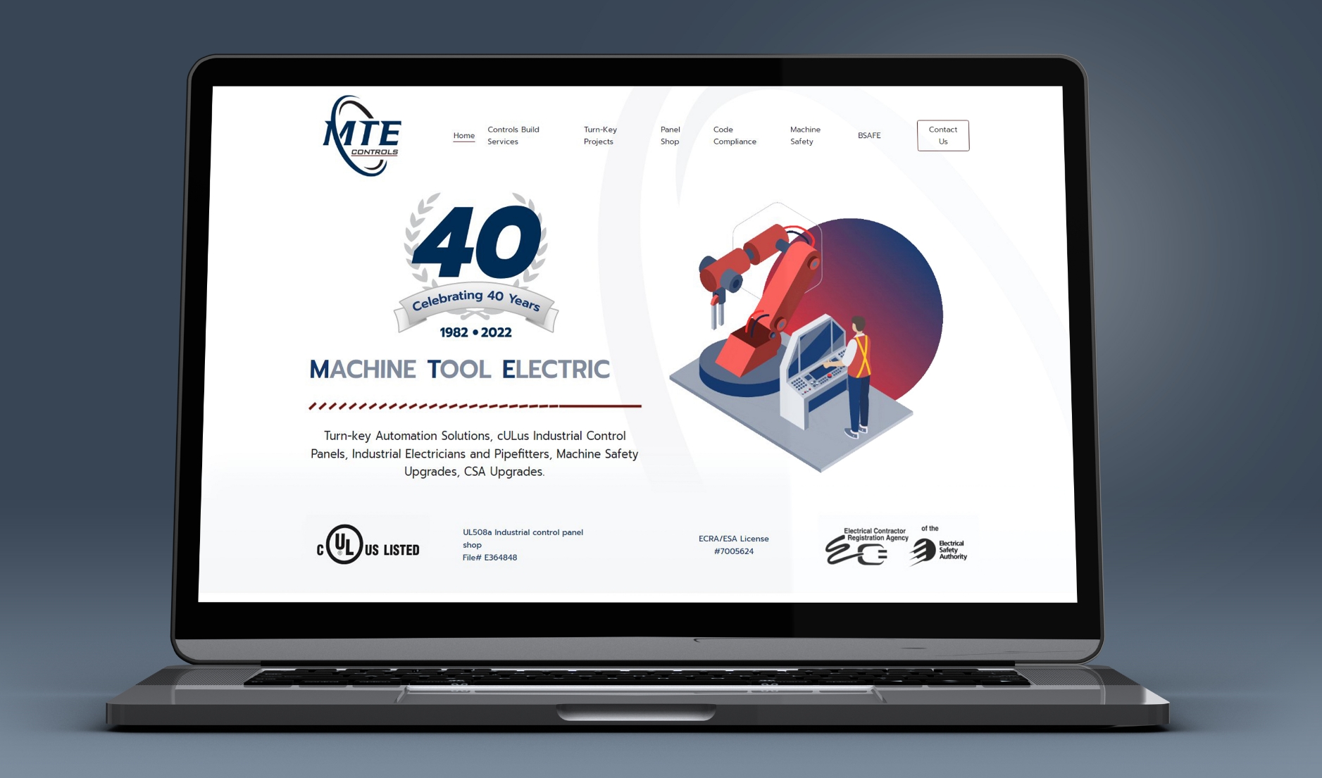 MTE Controls Homepage displayed on a laptop screen
