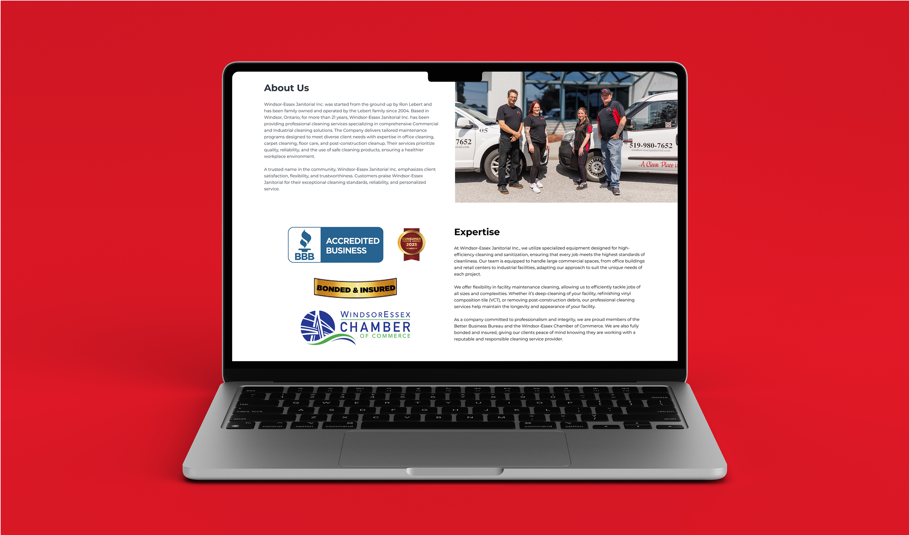 Windsor-Essex Janitorial homepage displayed on a laptop screen