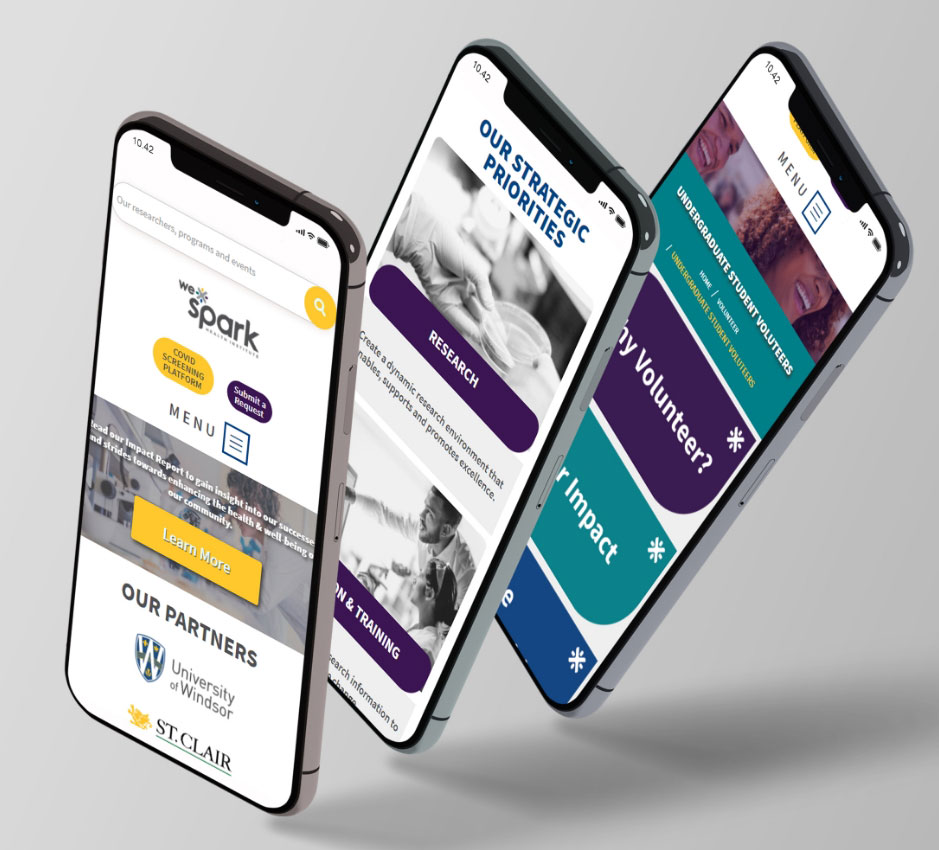 WE-SPARK website pages displayed on three mobile phones